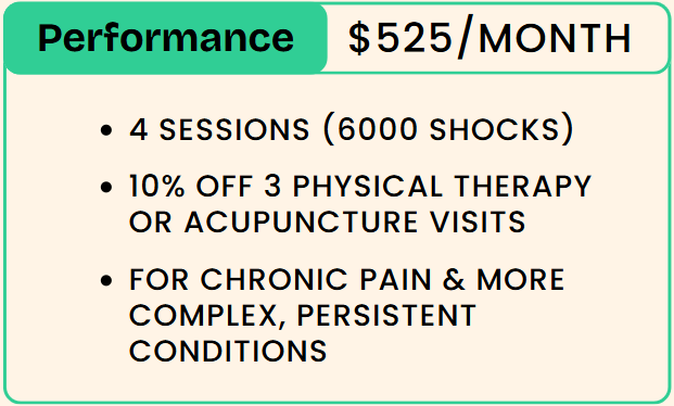 Flyer advertising physical therapy sessions with a monthly price of $525, offering four sessions with 6000 shocks, and a 10% discount on three sessions of therapy or acupuncture for chronic pain and complex conditions.