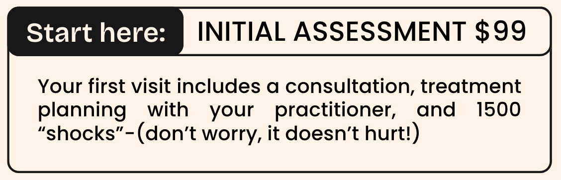 A sign offering an initial assessment for $99 that includes a consultation, treatment planning, and 1500 shocks, with a reassurance that it doesn't hurt.