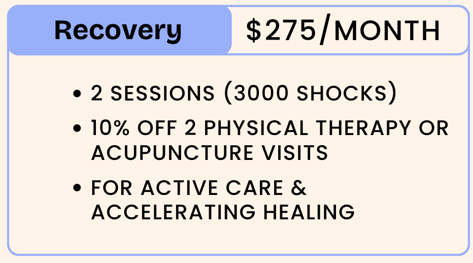Pricing and promotion details for recovery services, $275 per month, including two sessions with 3,000 shocks, 10% discount on two physical therapy or acupuncture visits, aimed at active care and accelerating healing.