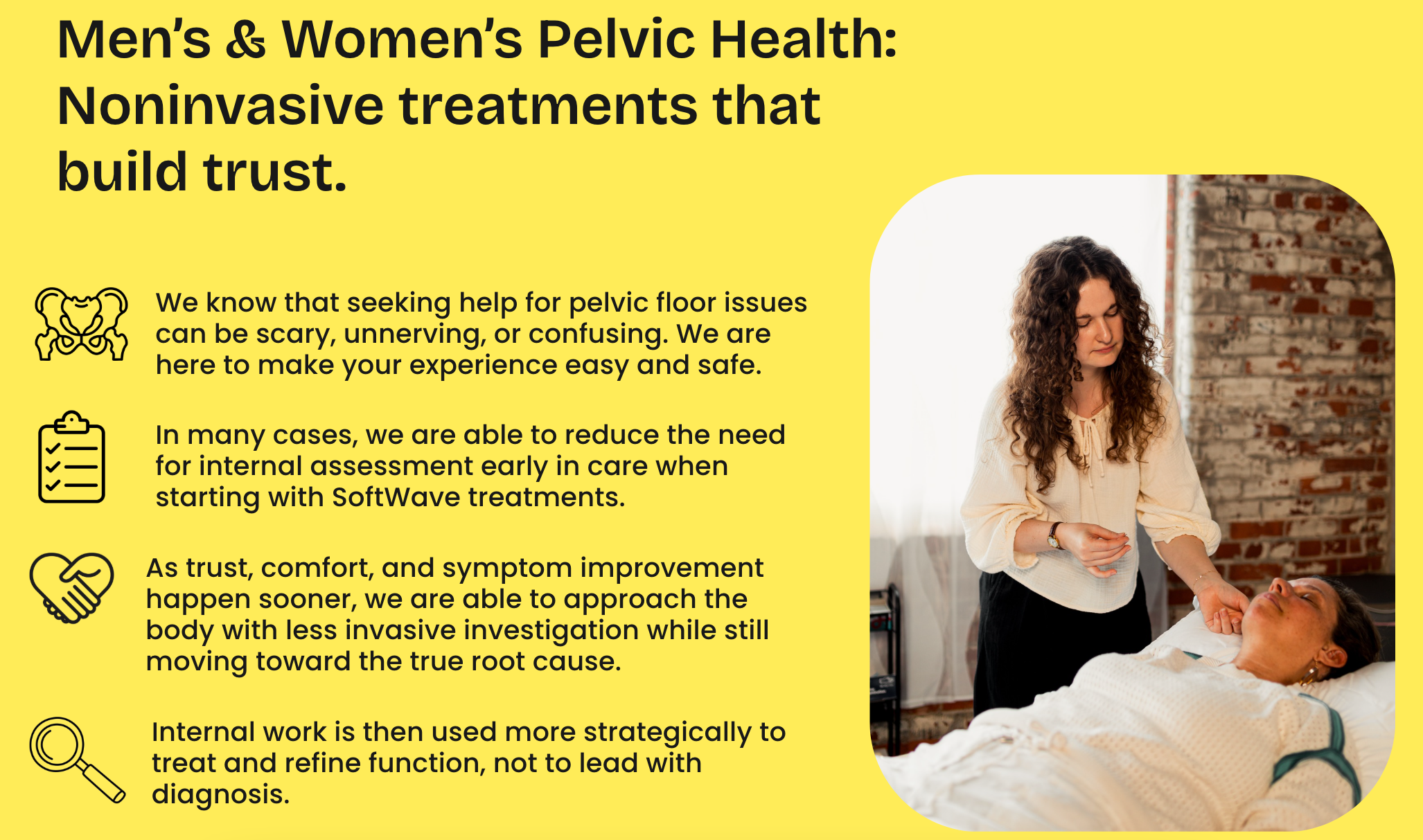 A woman appears to be providing pelvic health treatment to a reclining patient in a clinic setting with a brick wall background.