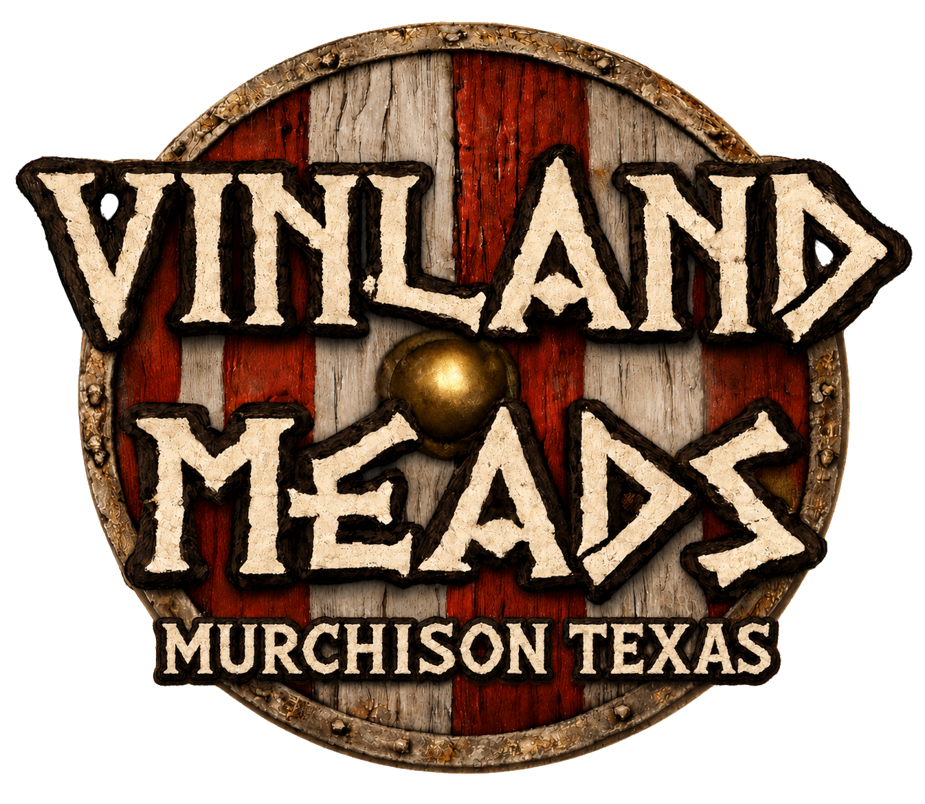 A rustic wooden sign with the words 'VILLAINS AND MEANS' in large, distressed white letters outlined in black, mounted on a weathered red and white striped background with a gold bump at the center. The sign also displays the words 'MURCHISON TEXAS' at the bottom.