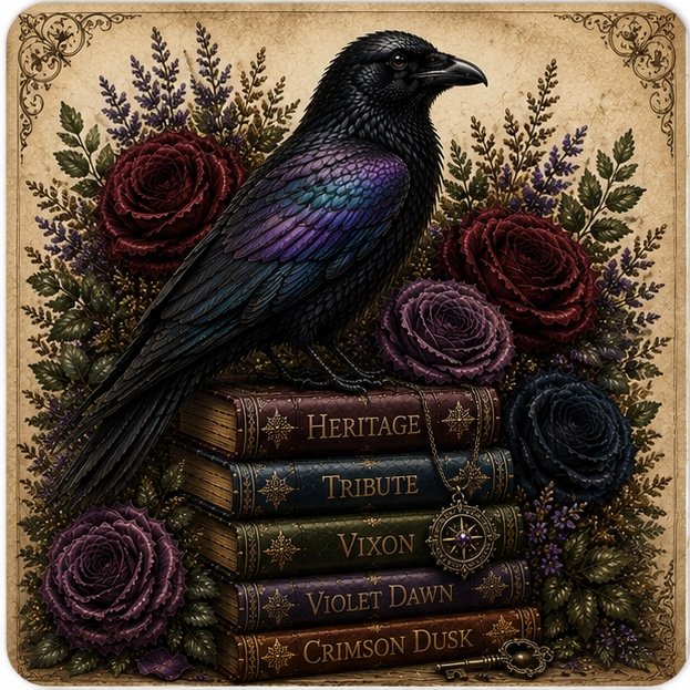A black raven with iridescent purple and blue feathers perched on a stack of five antique books titled "Heritage," "Tribute," "Vixon," "Violet Dawn," and "Crimson Dusk." Surrounding the books are vibrant roses and greenery, with purple, dark red, and black flowers. The background features a vintage-looking beige design with decorative corners.