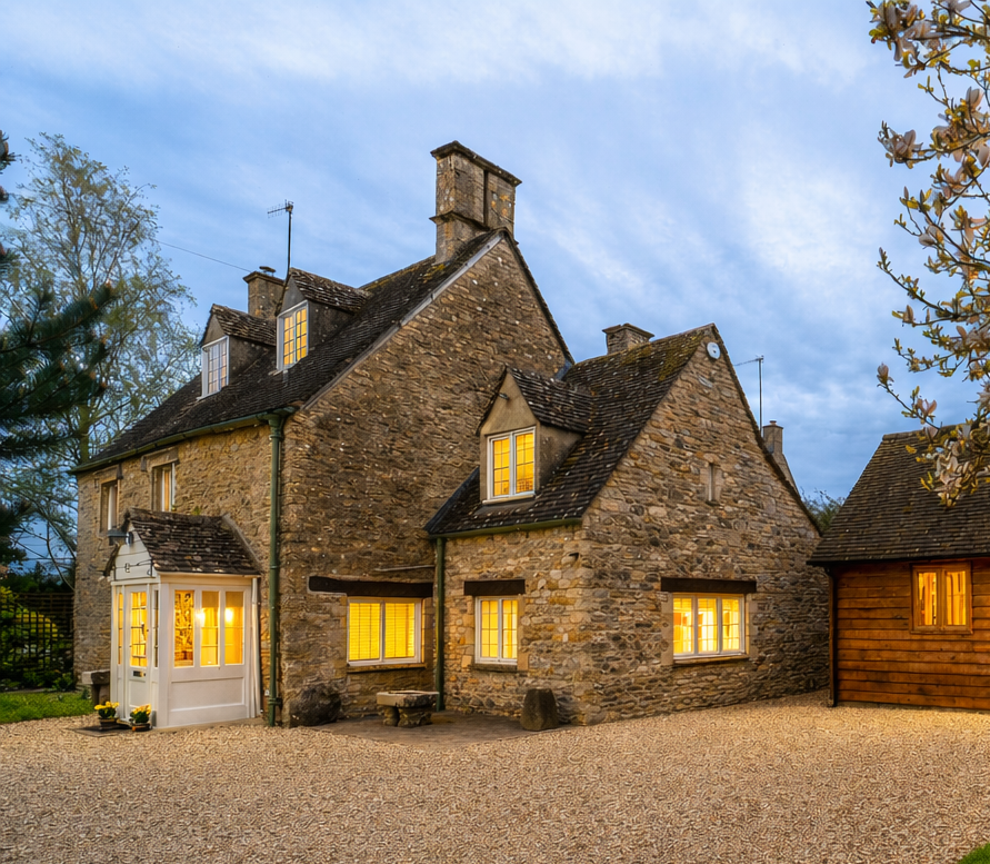 An old stone house with multiple chimneys and lit windows at dusk, surrounded by trees and a gravel driveway.