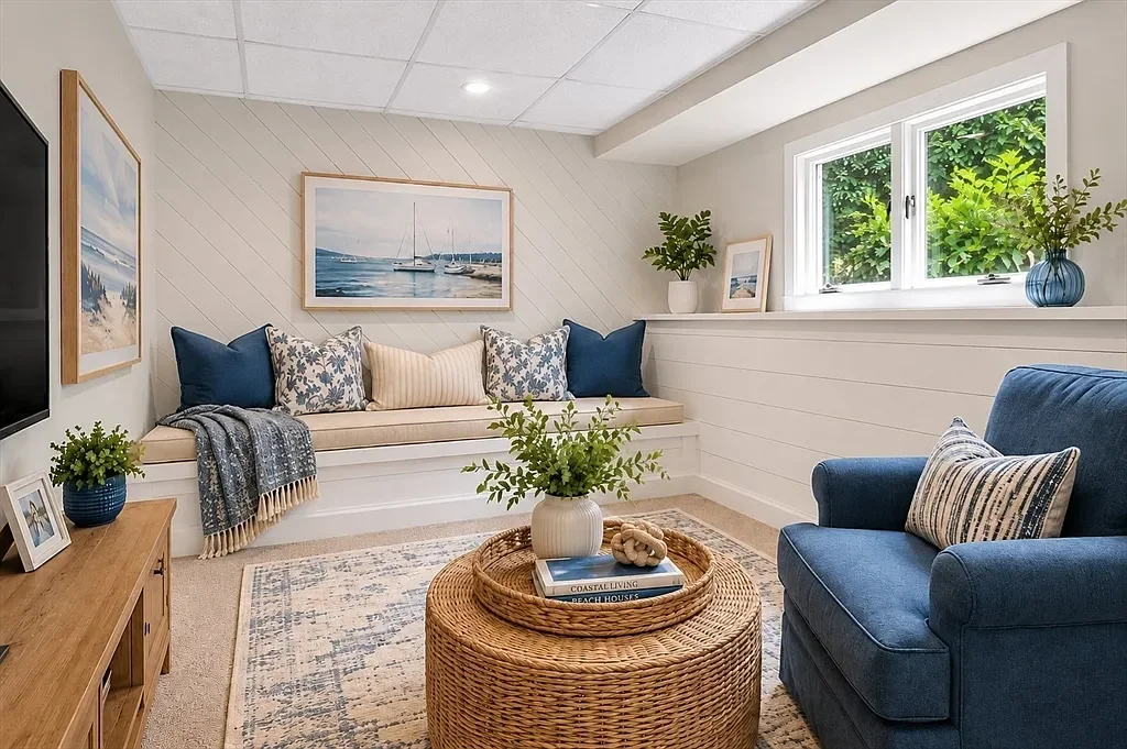 Cozy living room with built-in window seat, blue armchair, wooden side table, and home decor including books, vases with plants, and framed artwork.