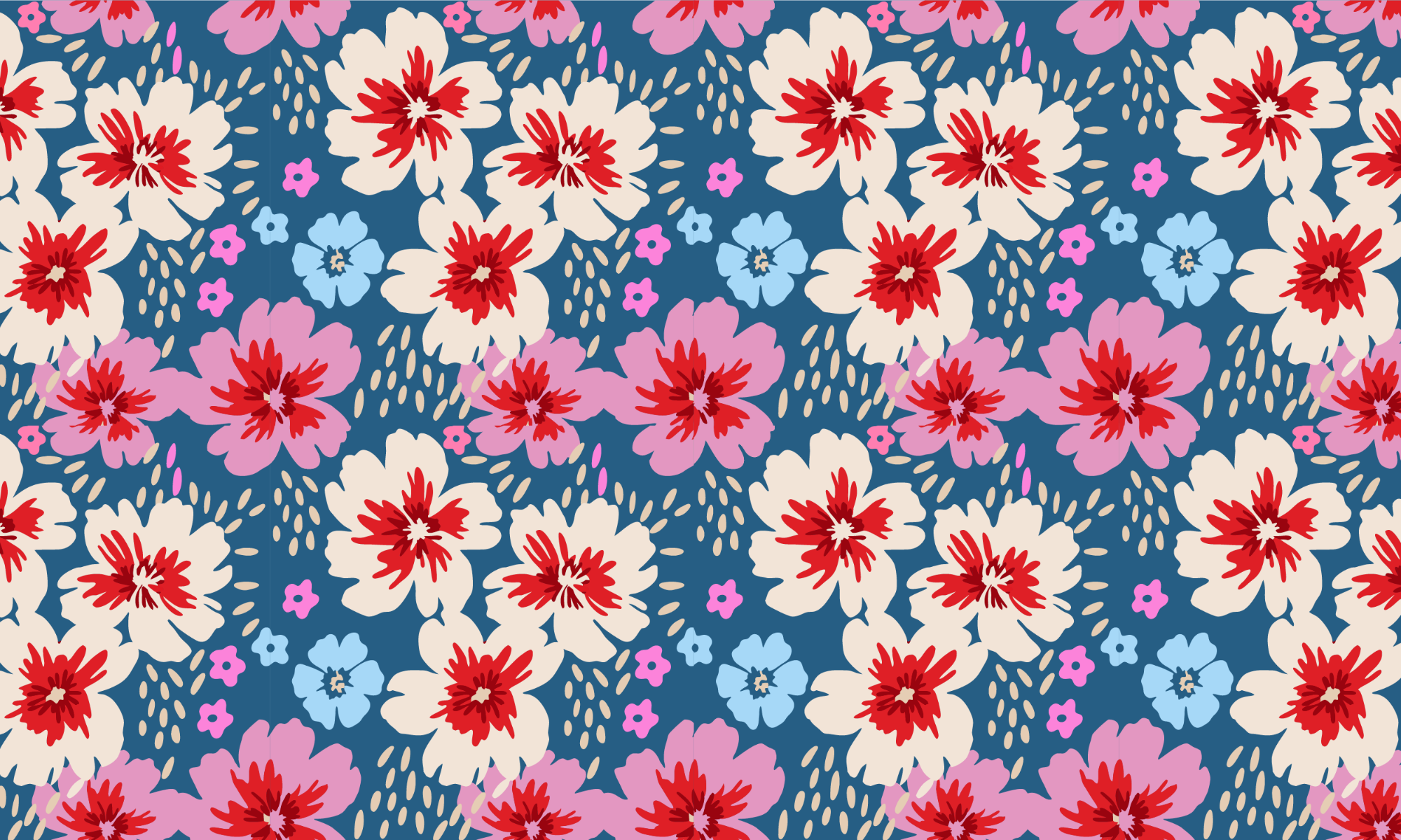 A repeating floral pattern with large cream and red flowers, smaller pink and blue flowers, and beige seed-like accents on a dark blue background.
