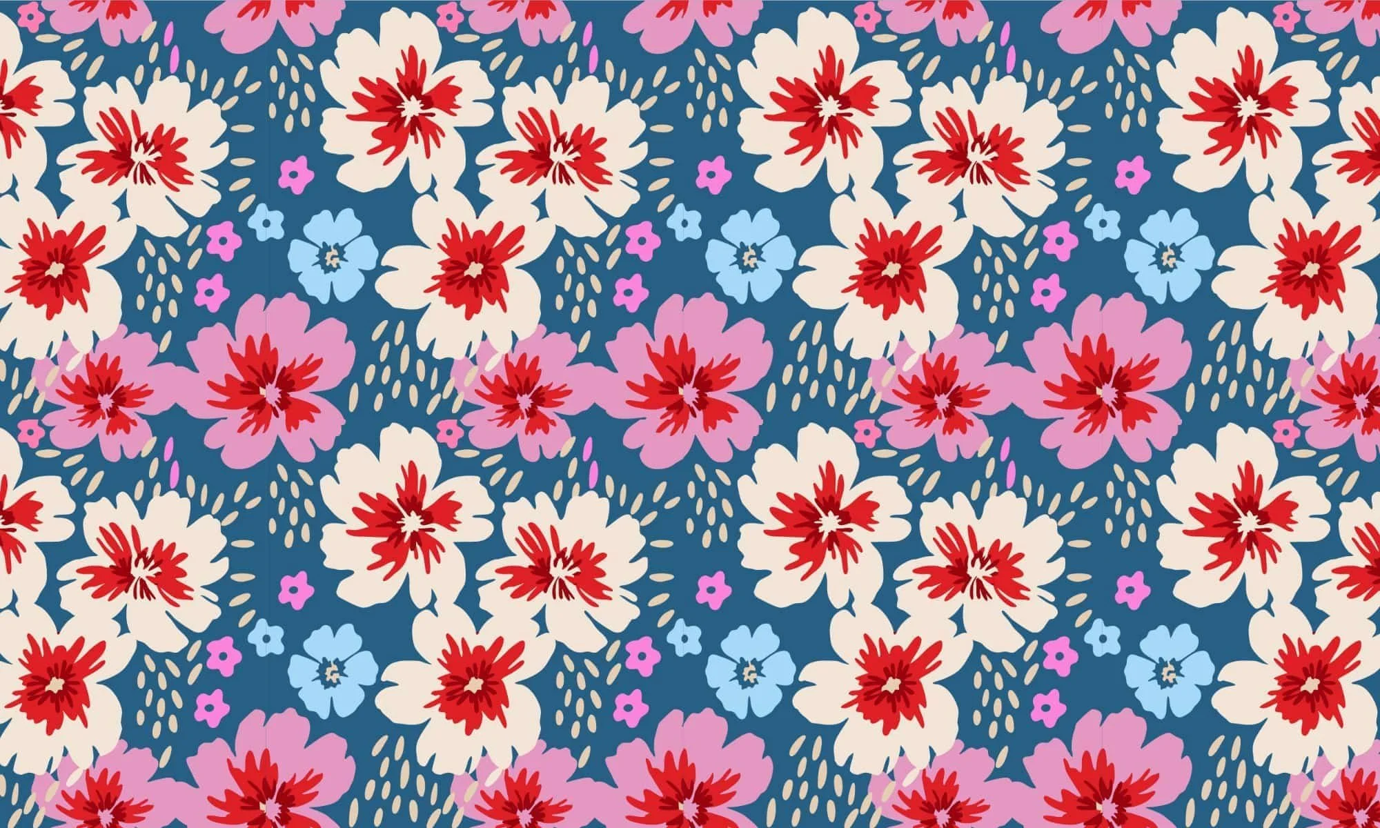 A floral pattern with large white, pink, and blue flowers on a dark blue background.