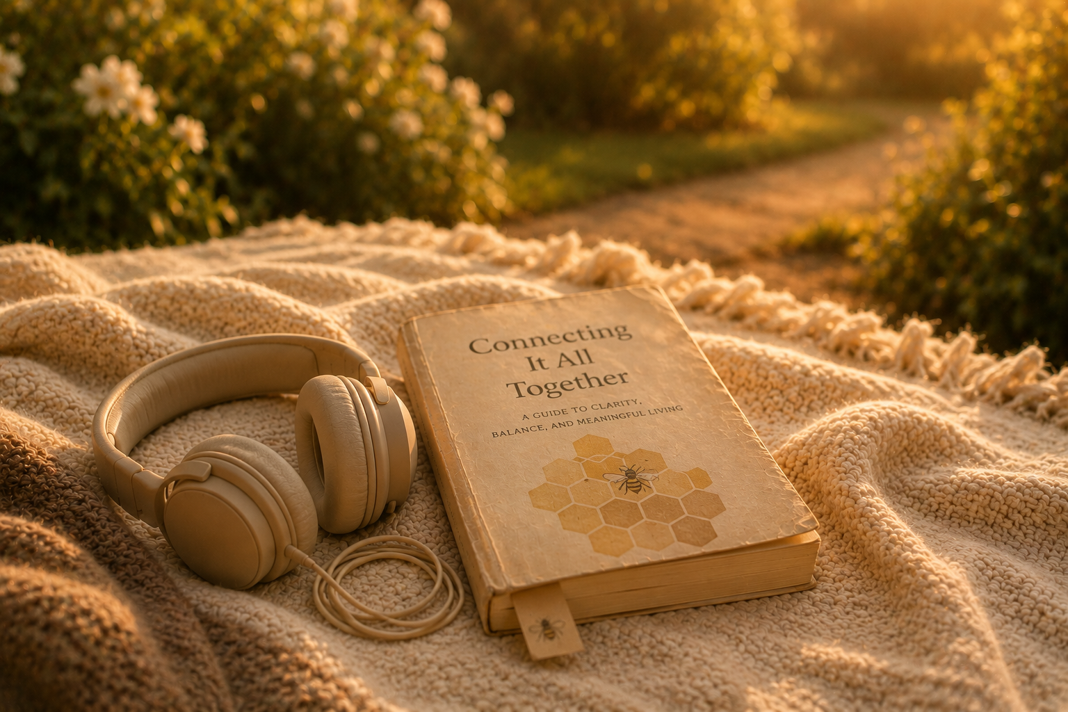 Headphones resting on a book atop an outdoor blanket