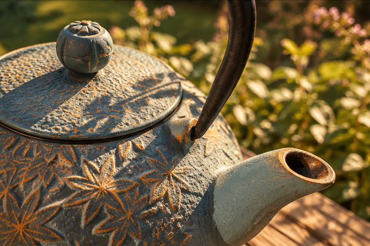 Textured cast-iron teapot with a floral pattern, set against a garden backdrop