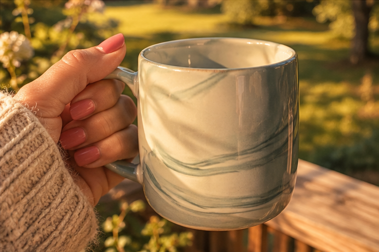 Hand holding a marbled mug outdoors in warm light