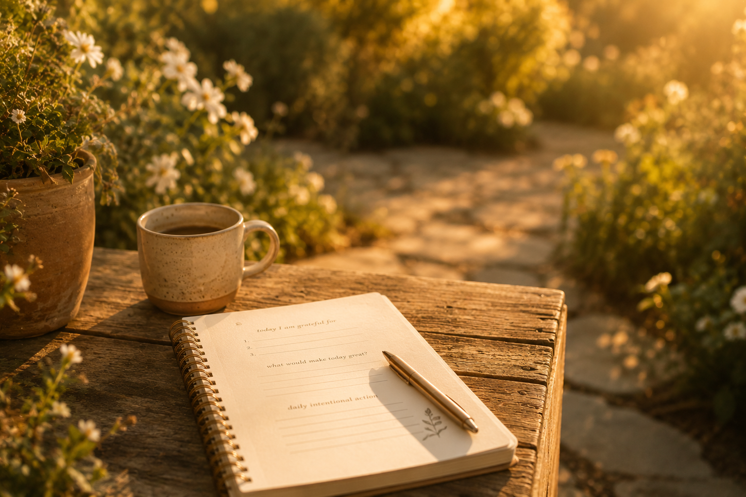 Open journal and mug set on a stone garden path