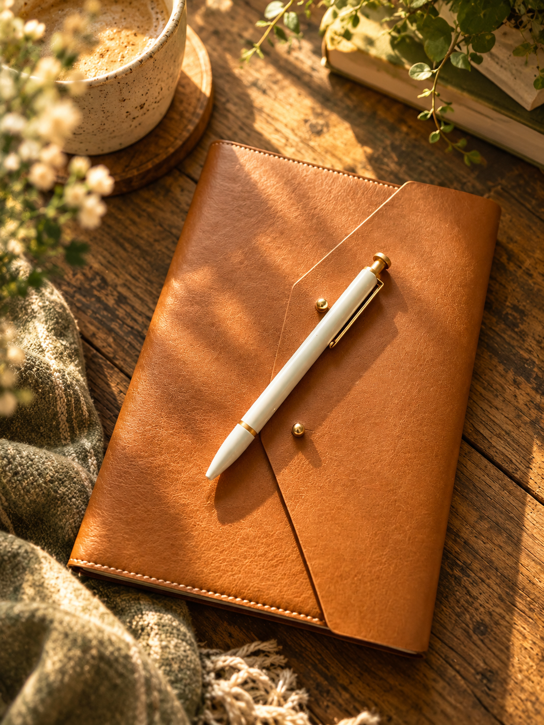 Closed brown notebook with a white pen on a table