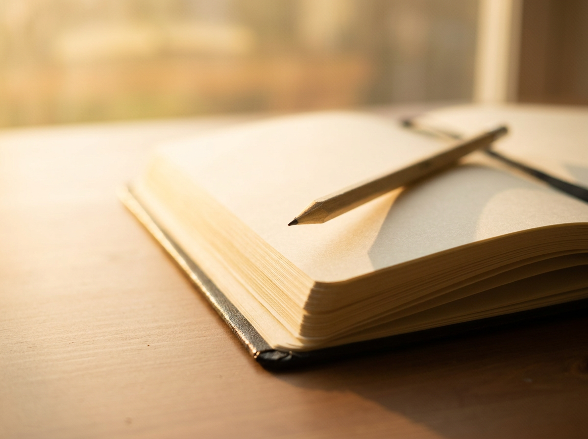 Open notebook with blank pages and a pen resting across the pages