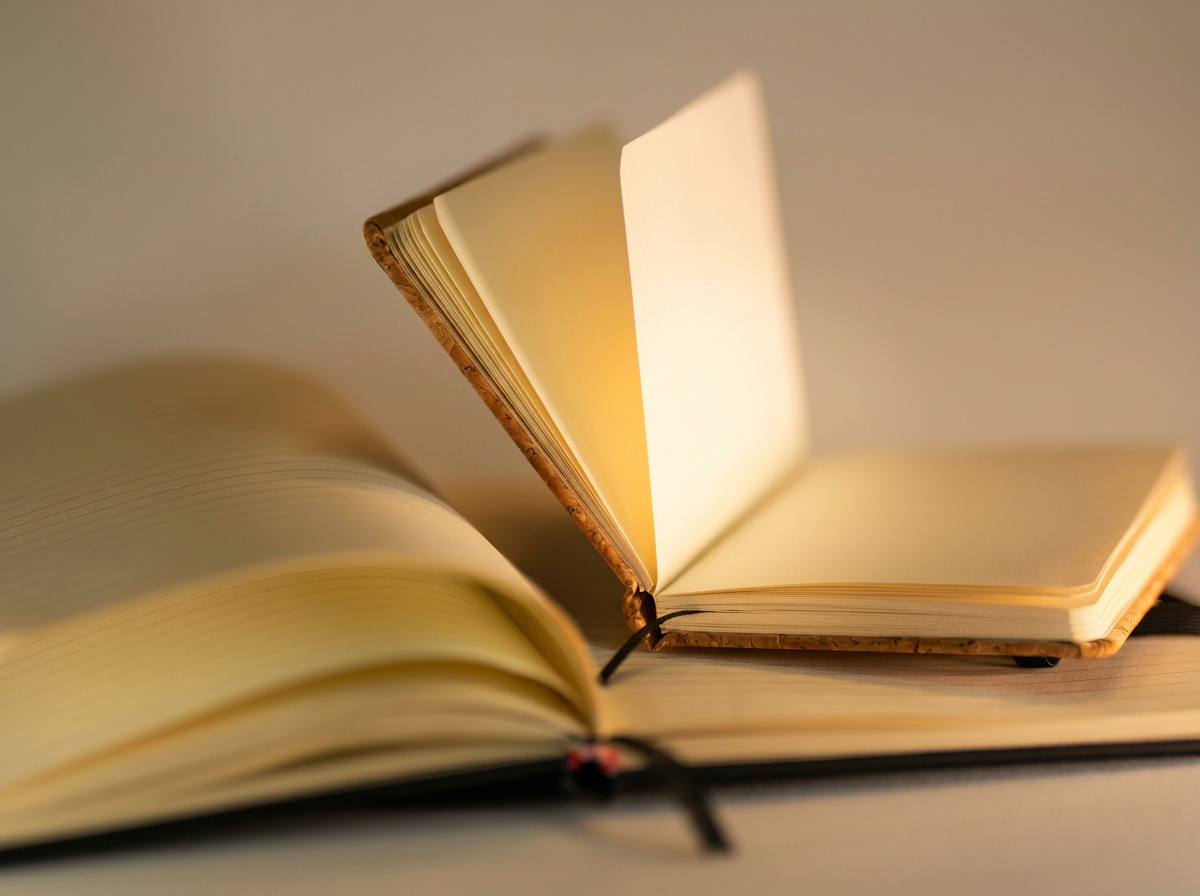 Two open notebooks glowing in warm afternoon light