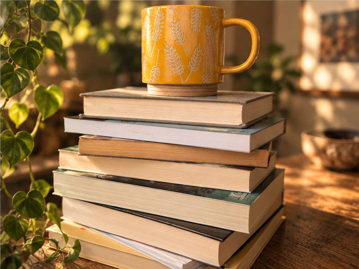 Patterned yellow mug on top of a stack of books
