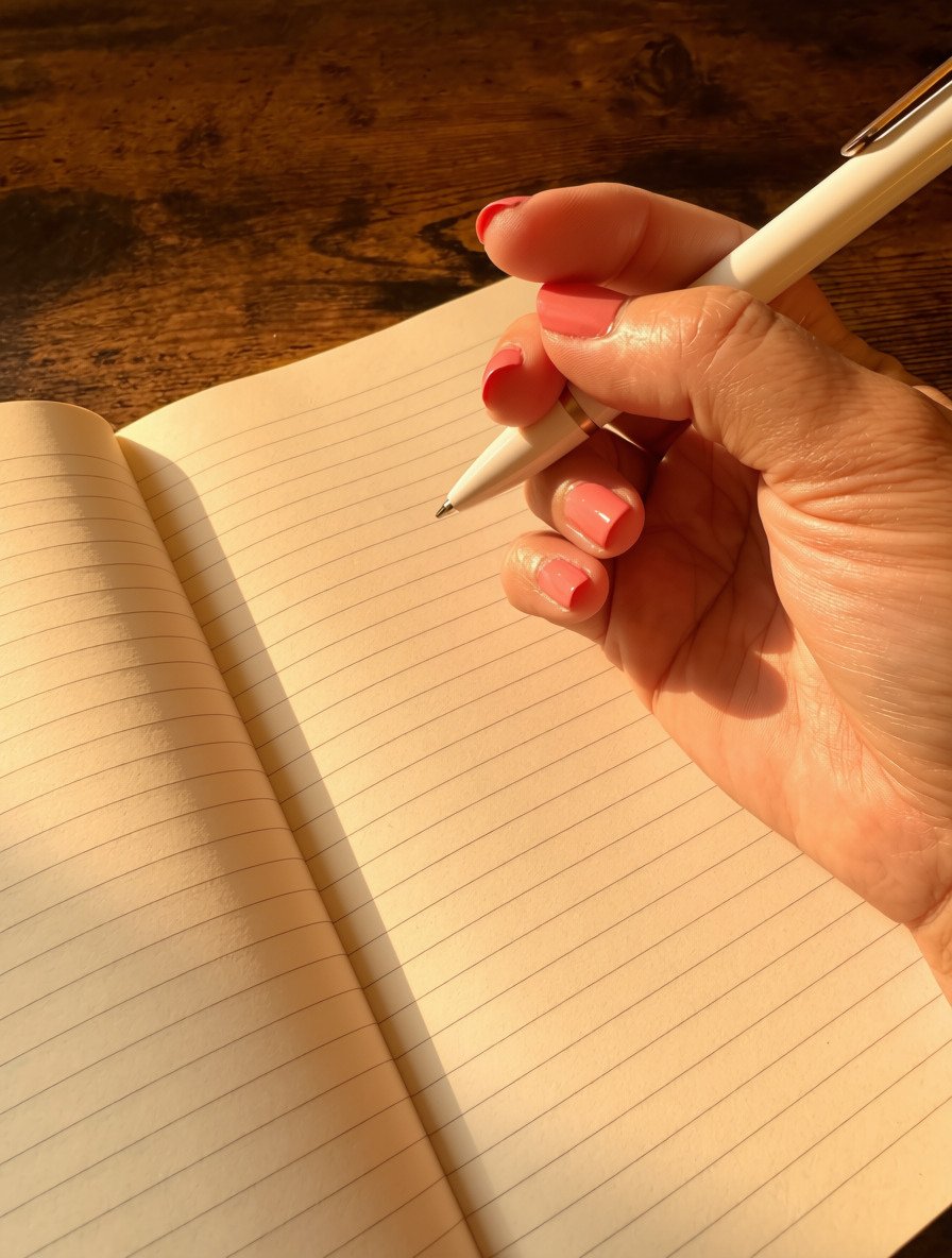 Hand writing in an open notebook with a white pen