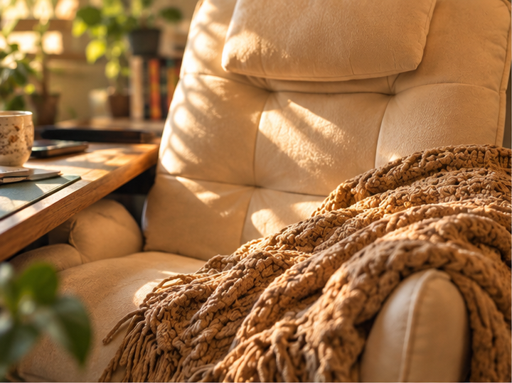 Leather recliner with a knit throw blanket, in a therapy space