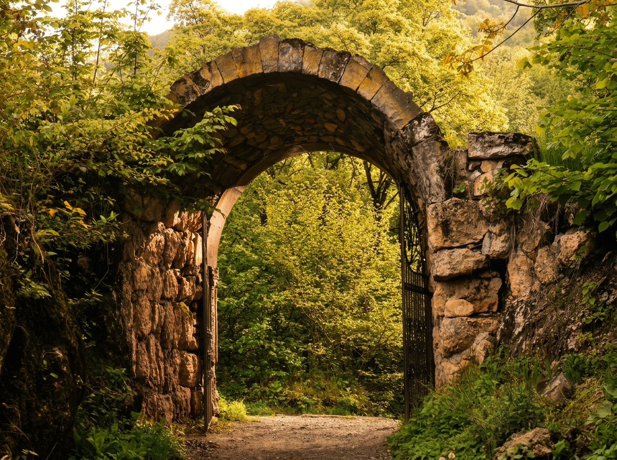 Stone archway opening onto a path through greenery