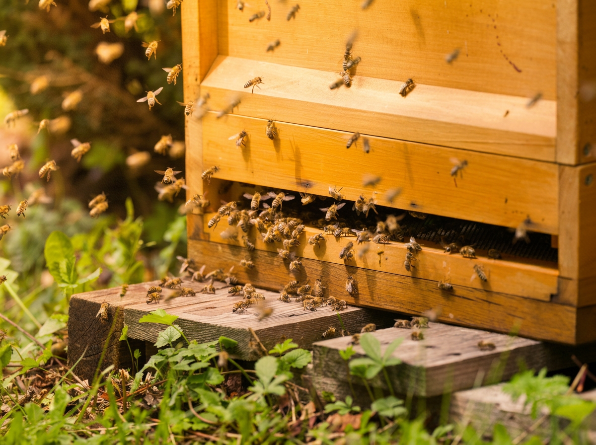 Wooden beehive box with bees at the entrance