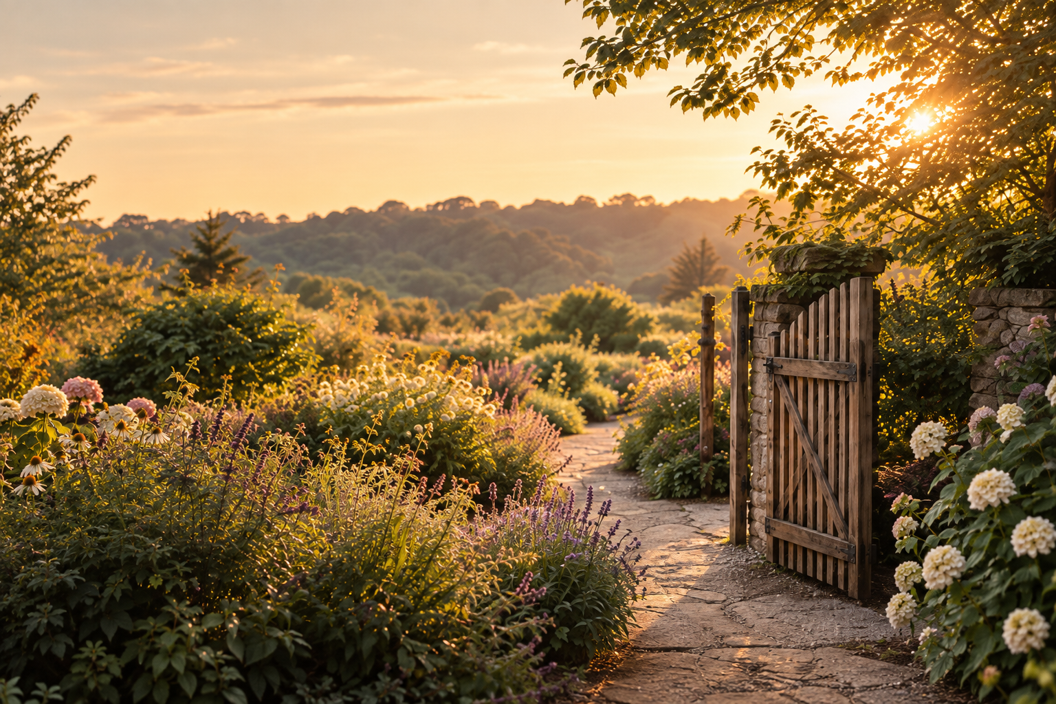 An open gate on a garden path in golden hour lighting