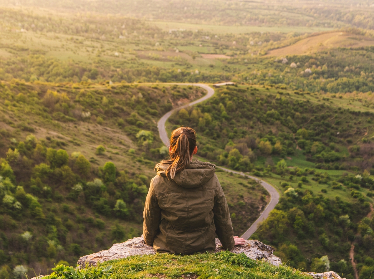 Woman looking out over a winding road through hills
