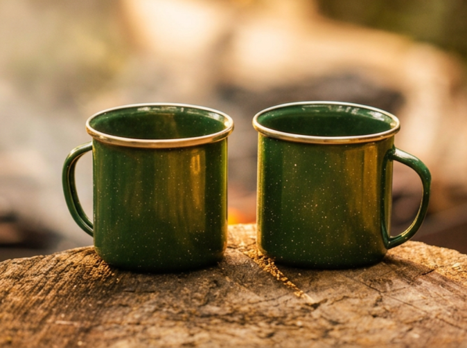 Two matching green mugs sitting together on a wooden surface