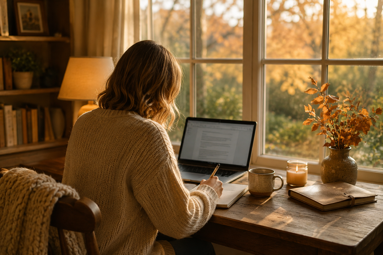 Woman working at a desk near a sunlit window