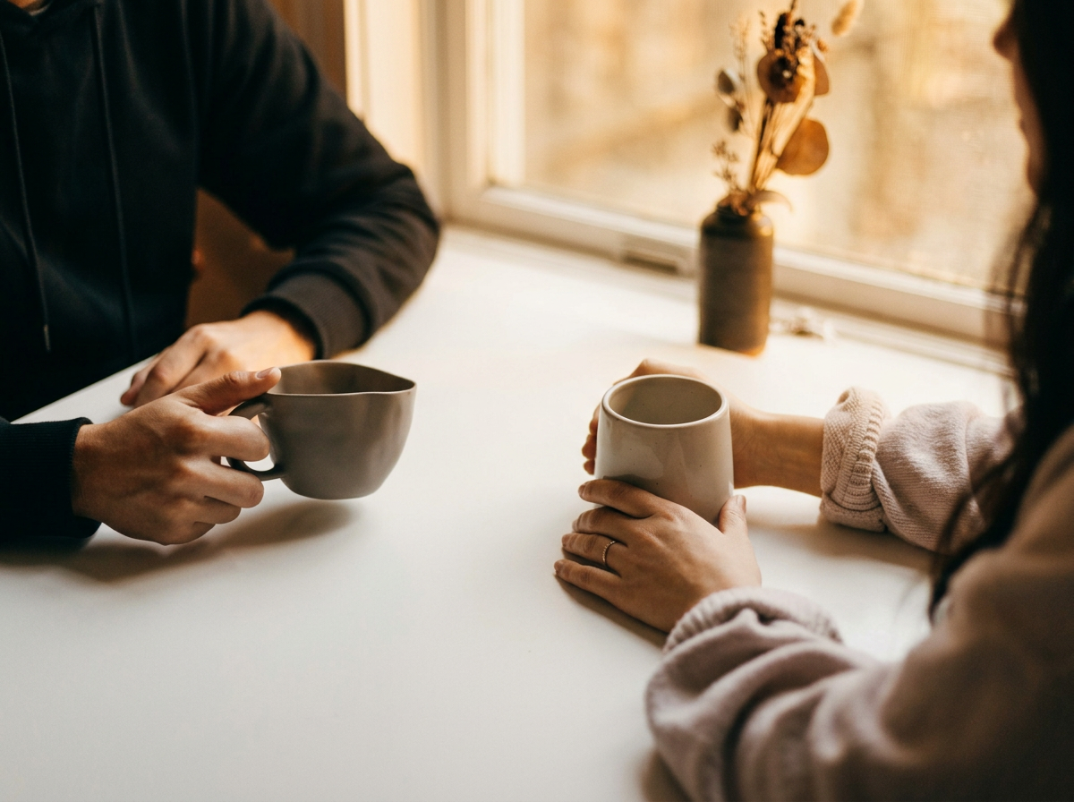 Two people holding mugs of coffee across a table