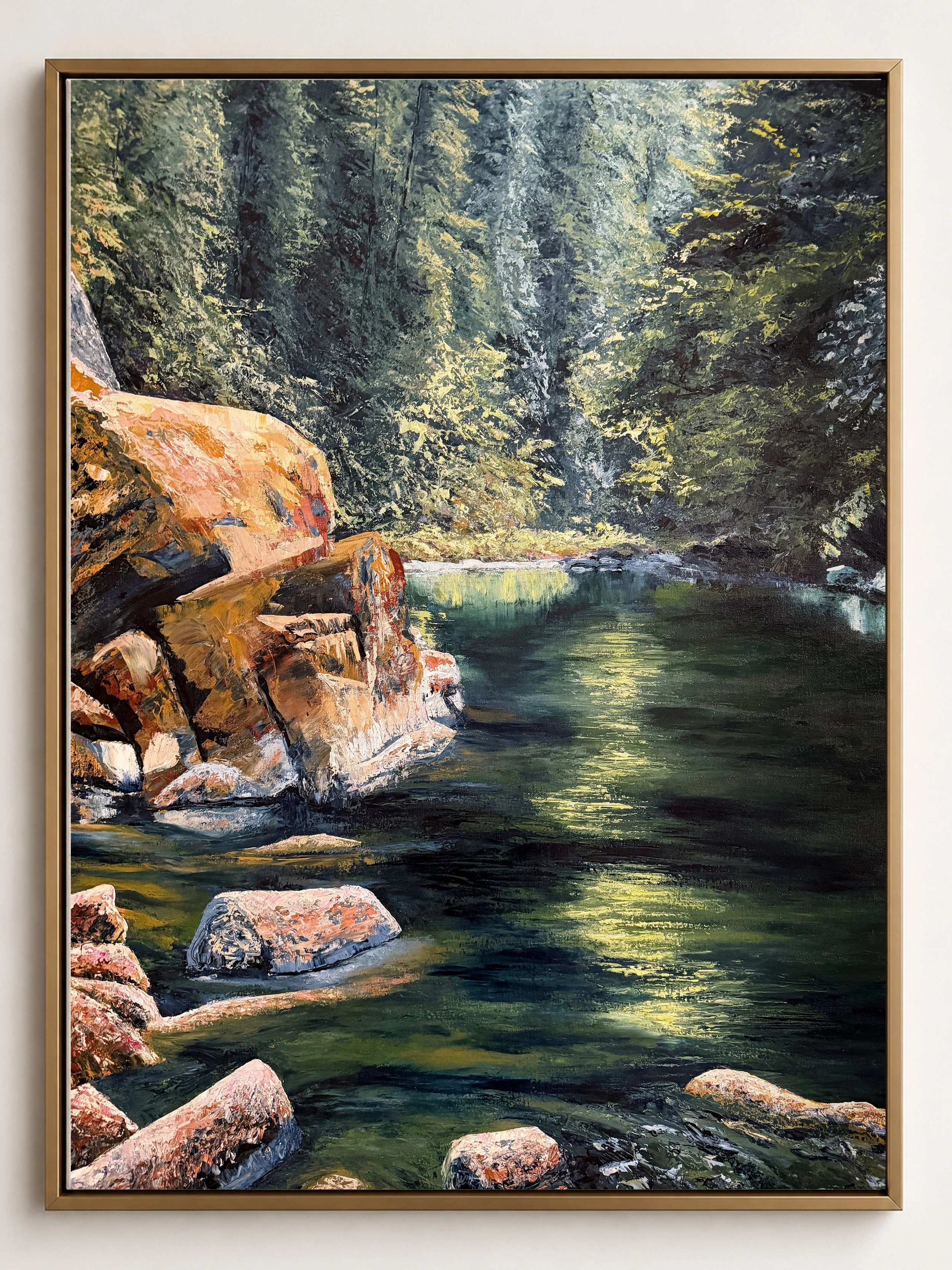 River Sanctuary I — original acrylic landscape painting of a forest river with sunlight on water by Nikki Merrifox