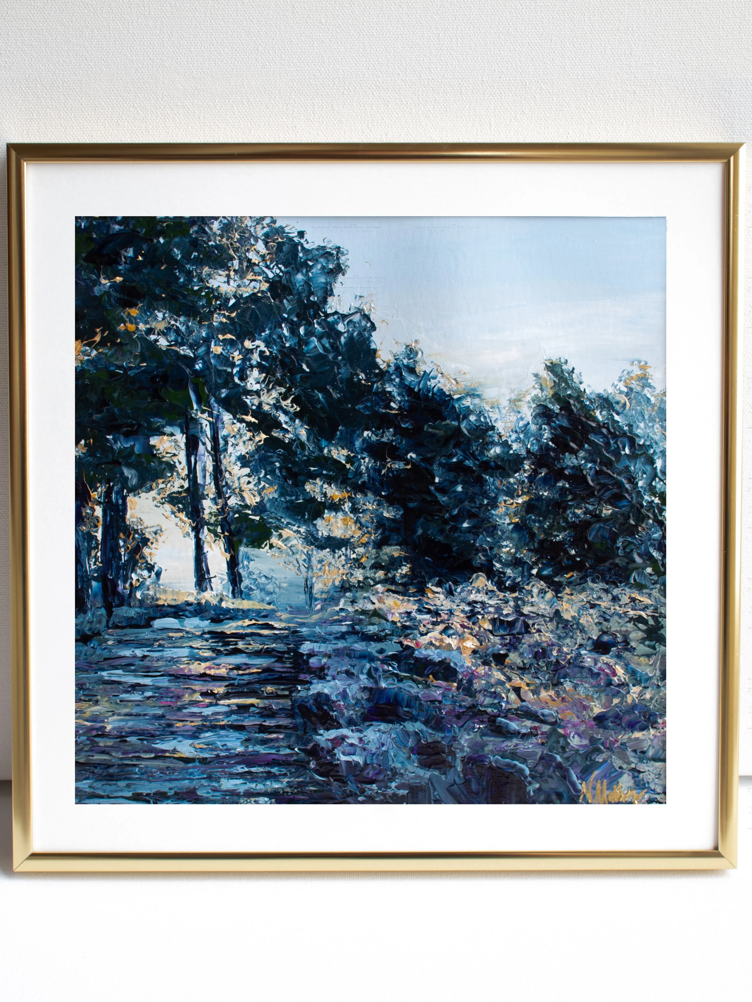 Gilded Forest I — original acrylic on paper landscape painting of a sunlit forest path by Nikki Merrifox, gold frame