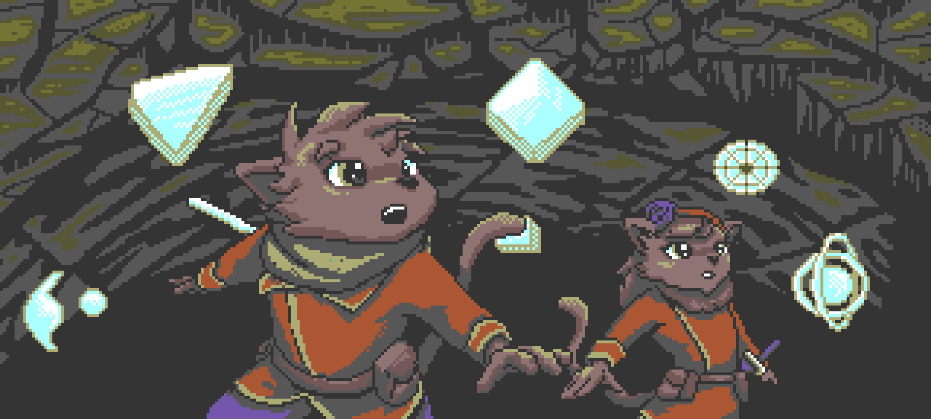 Two anthropomorphic cats in an underground tunnel, holding a glowing crystal and surrounded by floating geometric objects and symbols.