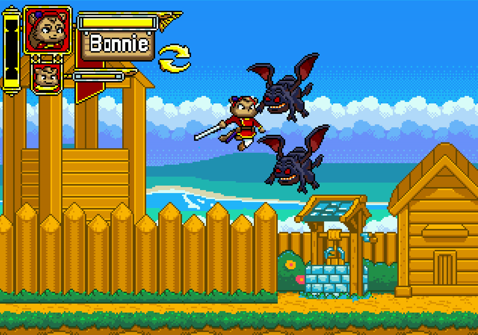 Pixel art scene of a cat character in red and black armor flying in the air with two bats flying nearby, set in a coastal background with a blue sky and ocean, surrounded by a wooden fence and cabins.