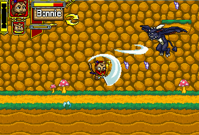 A pixelated video game scene featuring a character named Bonnie battling a large black dragon in a colorful, cartoon-like environment with rocks, small mushrooms, and a green and orange ground.