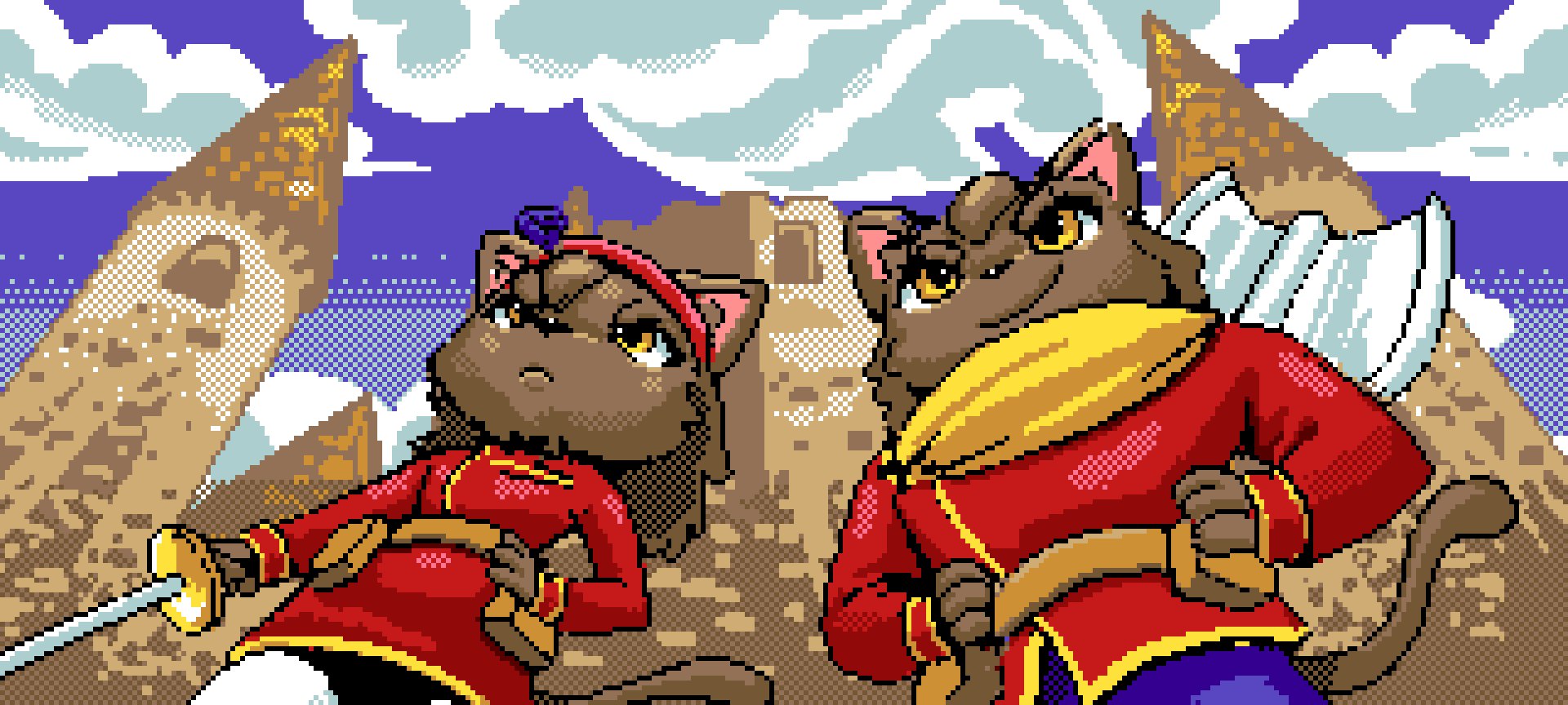 Pixel art depiction of two anthropomorphic cats in red military uniforms standing before a castle, and a cloudy sky in the background.