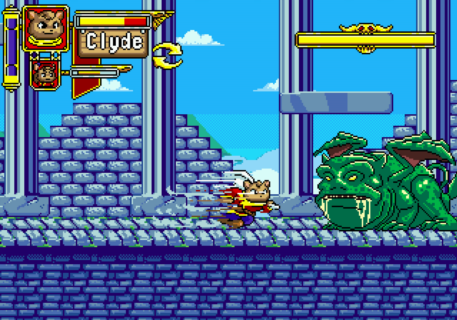 A pixel art scene from a video game featuring a mouse character named Clyde running across a stone bridge. There is a large green dragon head on the right and blue sky with clouds in the background. The game interface shows Clyde's portrait, health bar, and a speech bubble with Clyde's name.