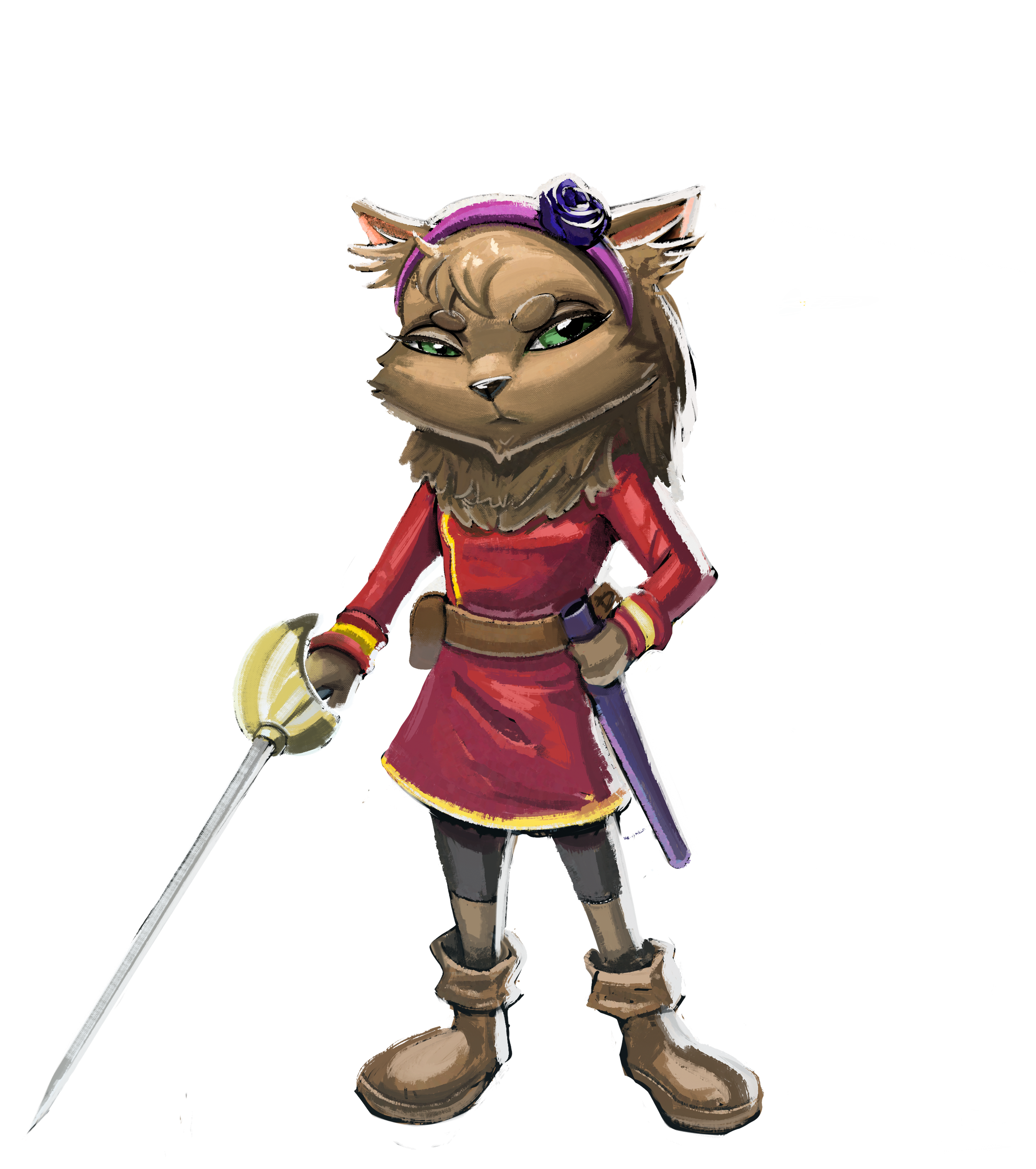 A cartoon-style illustrated anthropomorphic cat character with light brown fur, wearing a purple headband with a blue flower, a red dress, and brown boots, holding a sword with a white blade and gold hilt.