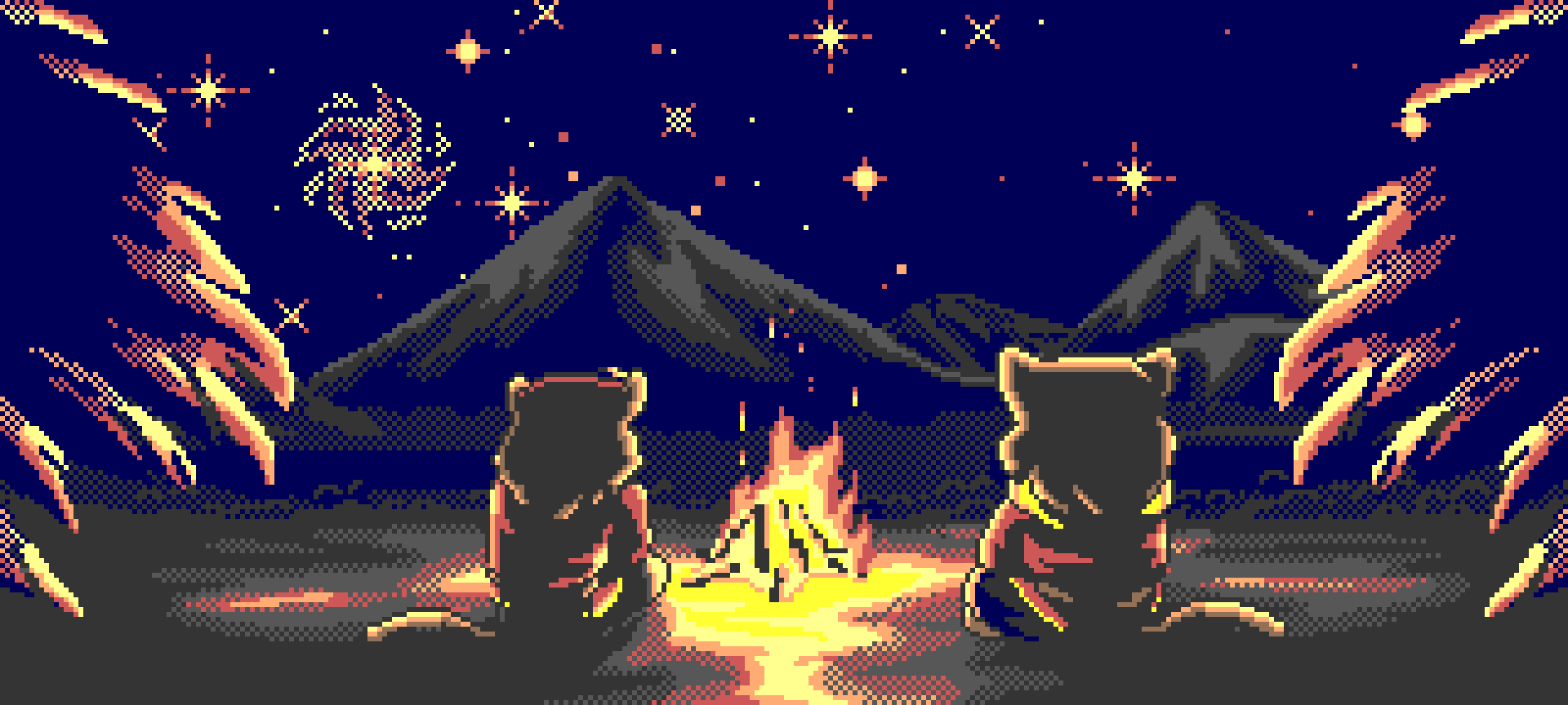 Pixel art scene of two bears sitting around a campfire in a mountain landscape at night, with stars and a galaxy in the sky and shooting stars.