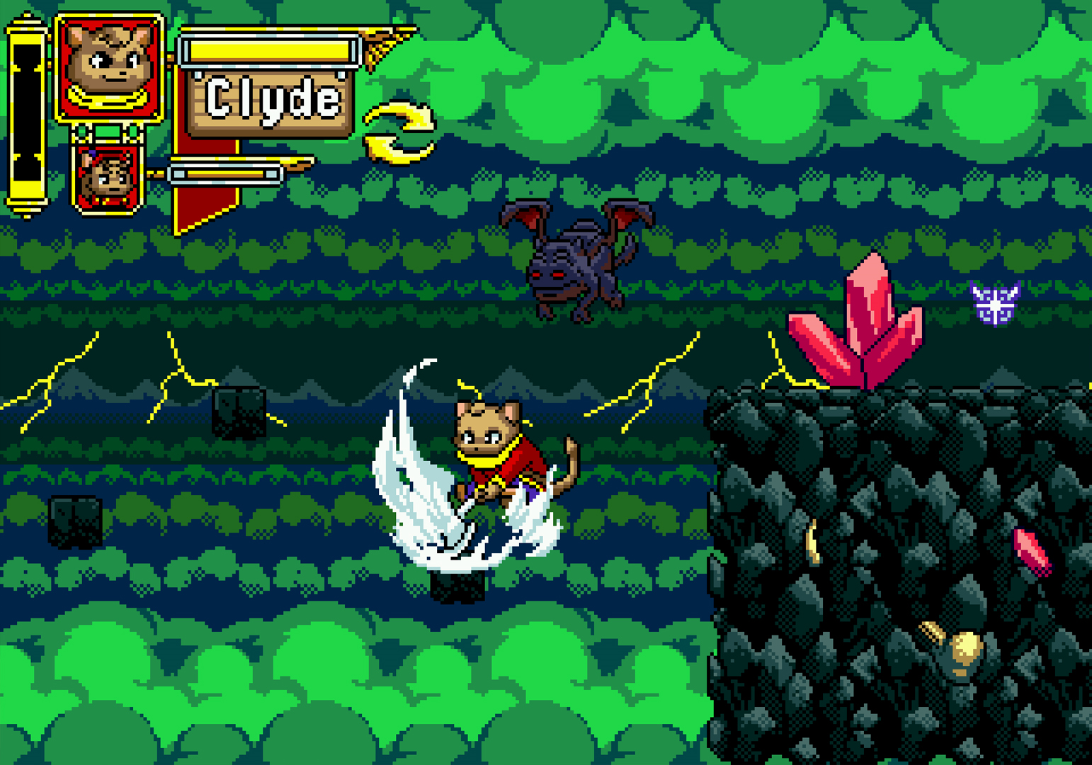 Pixel art scene of a bear character named Clyde flying above a dark, rocky landscape with pink crystals and stormy green clouds in the background, animated with lightning and a hovering bat-like creature.
