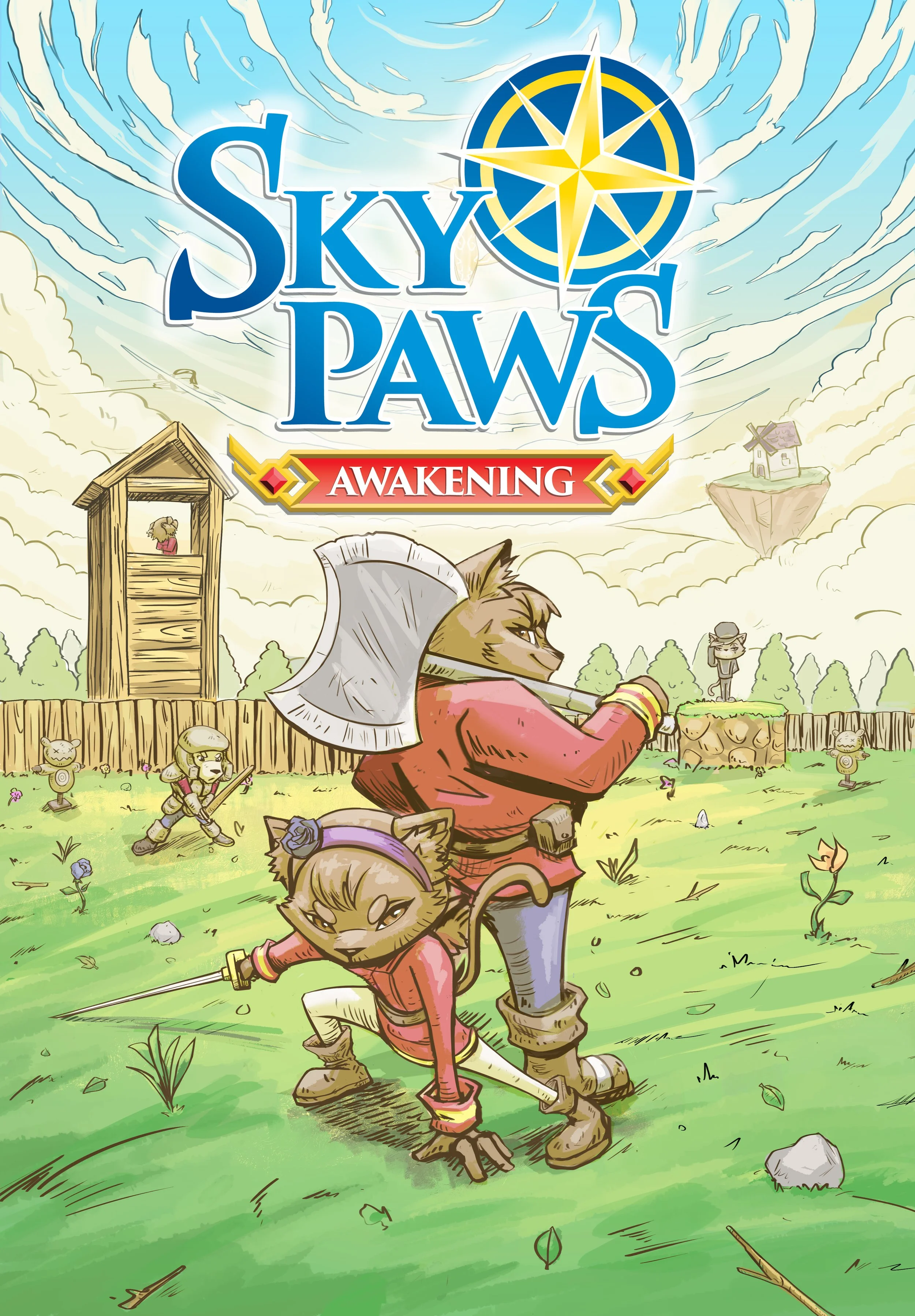 Animated cover art for Sky Paws: Awakening featuring two anthropomorphic cats in fantasy armor fighting with swords on a grassy field with a wooden fence, targets, and floating islands in the background.