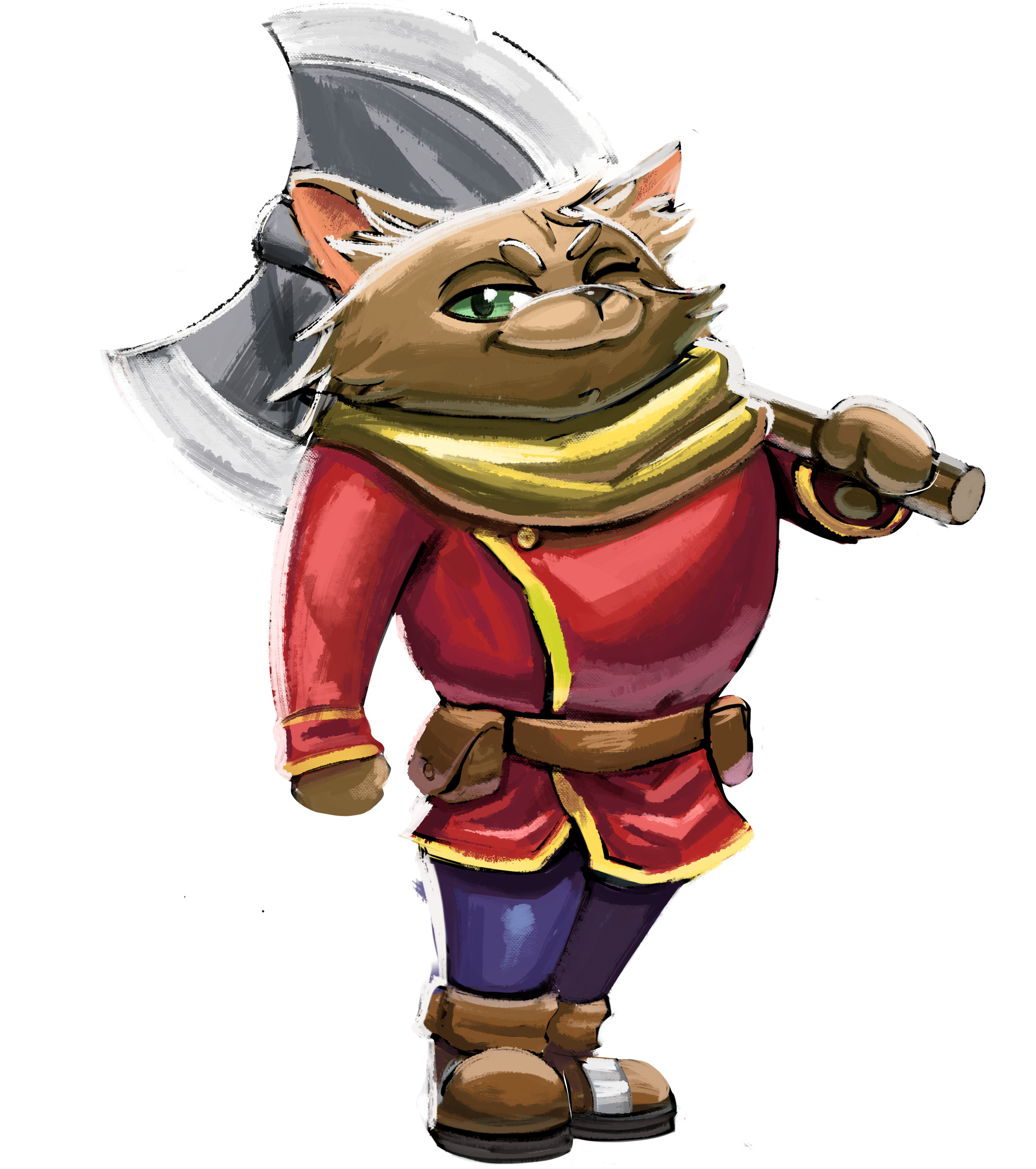 A cartoon goblin warrior with a round nose, sharp teeth, and green eyes, wearing a pointy gray helmet and red armor, holding a small club.