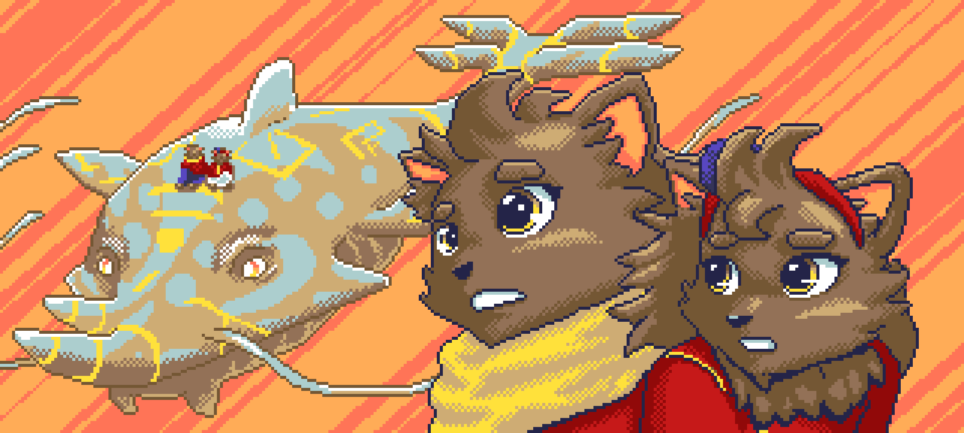 Pixel art image of a lion and a unicorn with human eyes and clothes, facing each other on an orange background with diagonal lines.