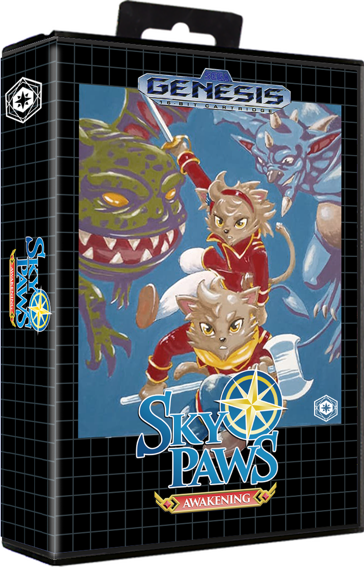 A video game box for Sky Paws Awakening featuring cartoon animals, including a cat and dog in martial arts poses, and a dragon and monster in the background, with a grid pattern on the box.