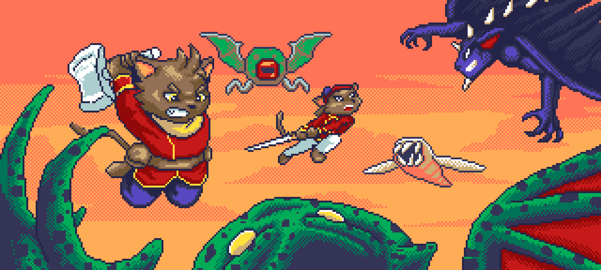 Pixel art scene of a fantasy battle featuring a lion-like warrior, a small cat warrior, a dragon, and a creature with tentacles, set against an orange sky with green tentacles in the foreground.