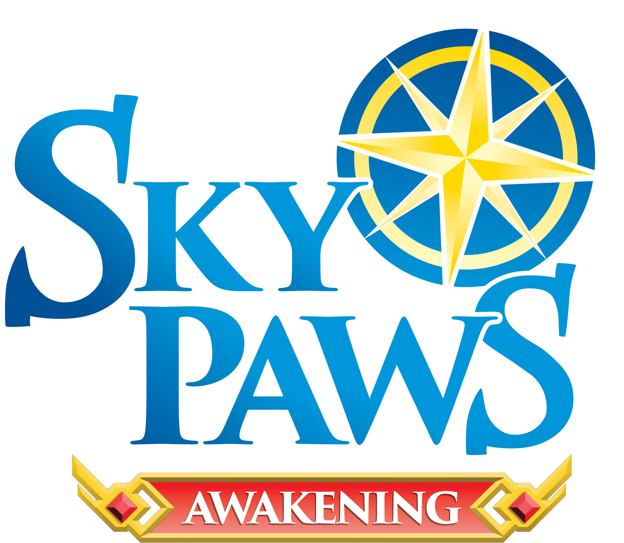 Sky Paws Awakening logo with a blue, yellow, and red shield, and a gold star. The words 'Sky Paws' are written in large blue letters, and 'Awakening' is in white on a red banner at the bottom.