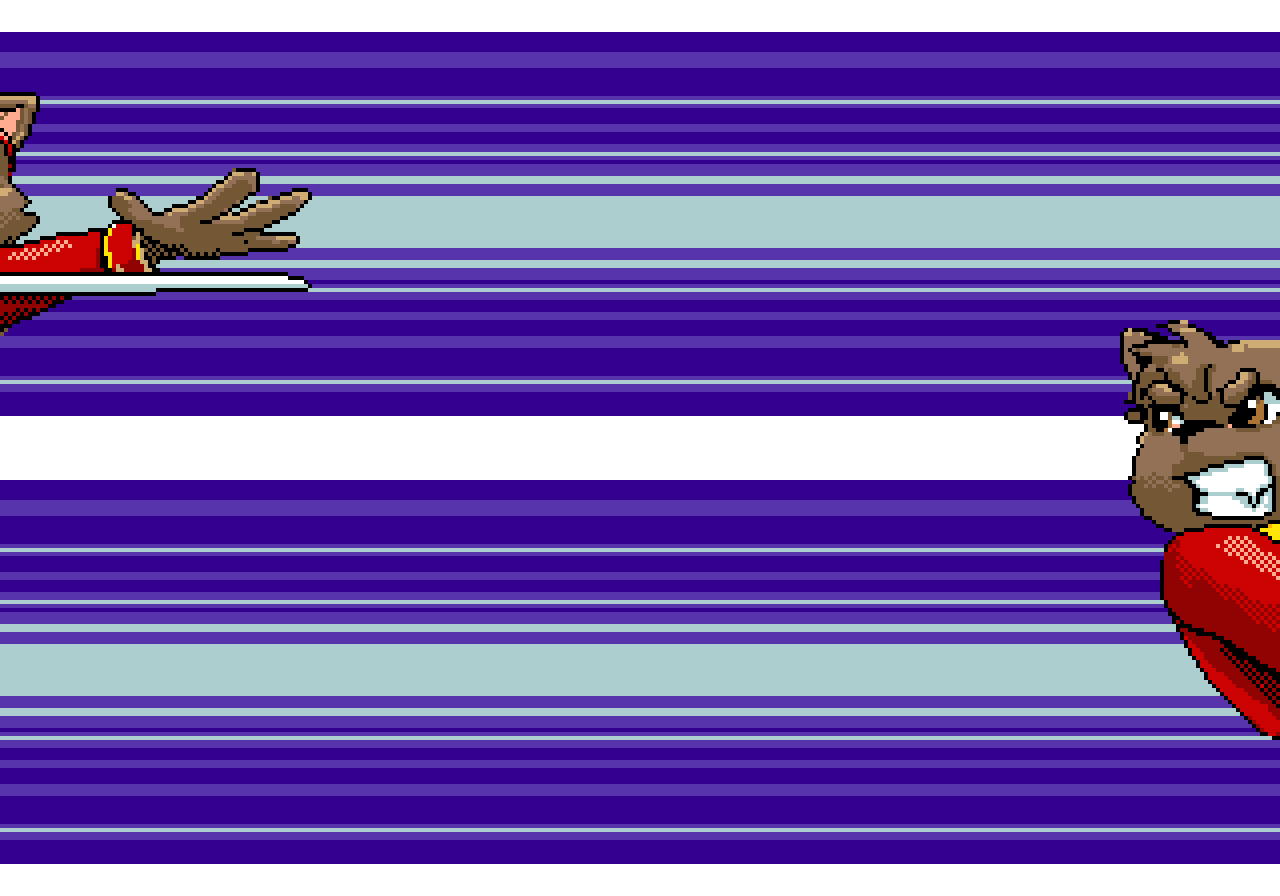 Two pixel art characters, one on the left and one on the right, reaching towards each other with striped purple, blue, and white background.