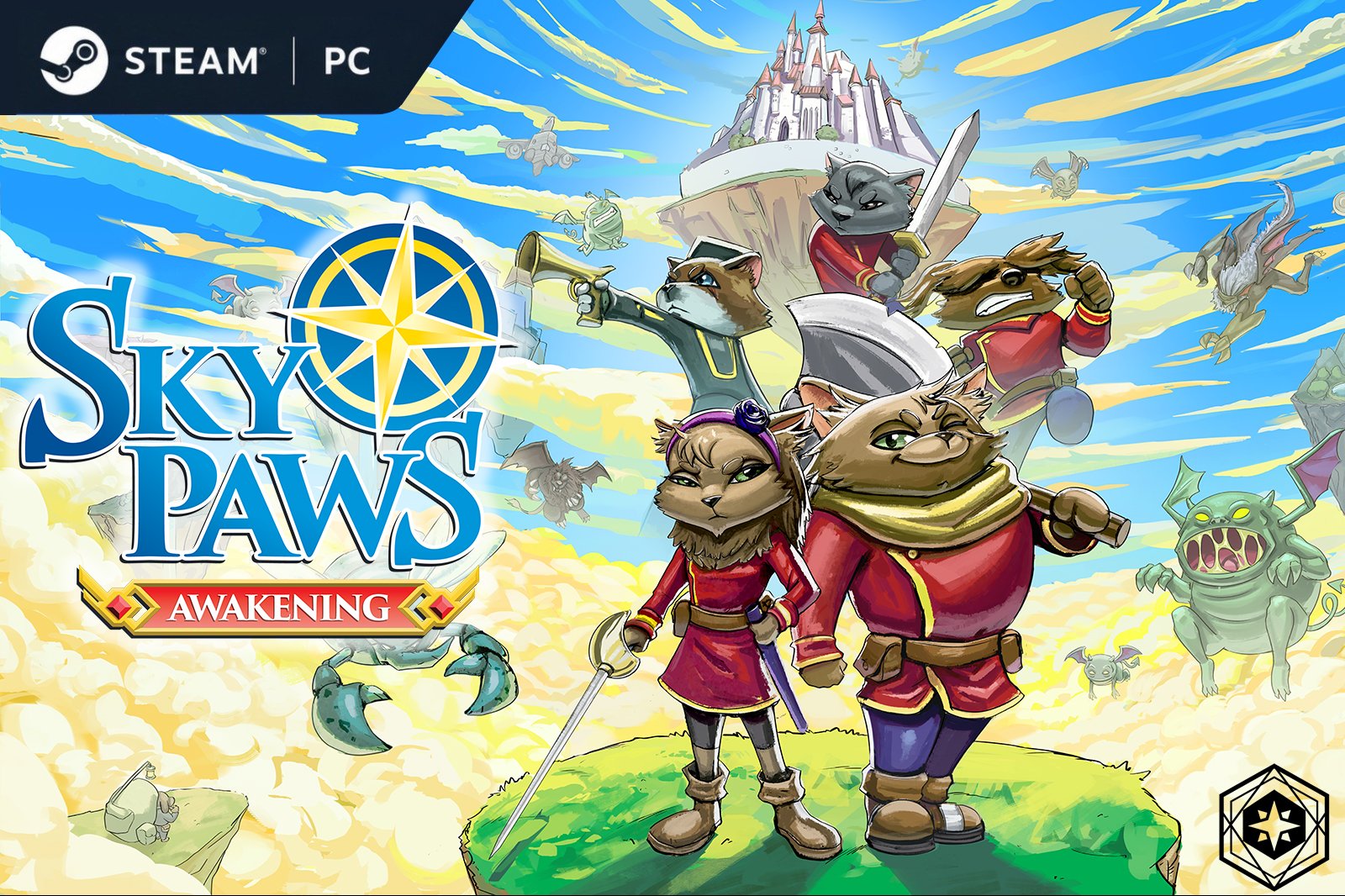 Artwork for Sky Paws: Awakening, featuring anthropomorphic animals dressed as adventurers on floating islands with a castle and flying creatures in the background.