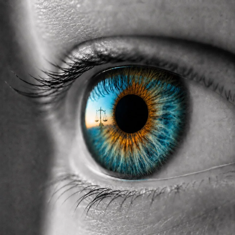 Close-up of a human eye with blue and brown iris, reflecting a scale symbol and sunset sky.