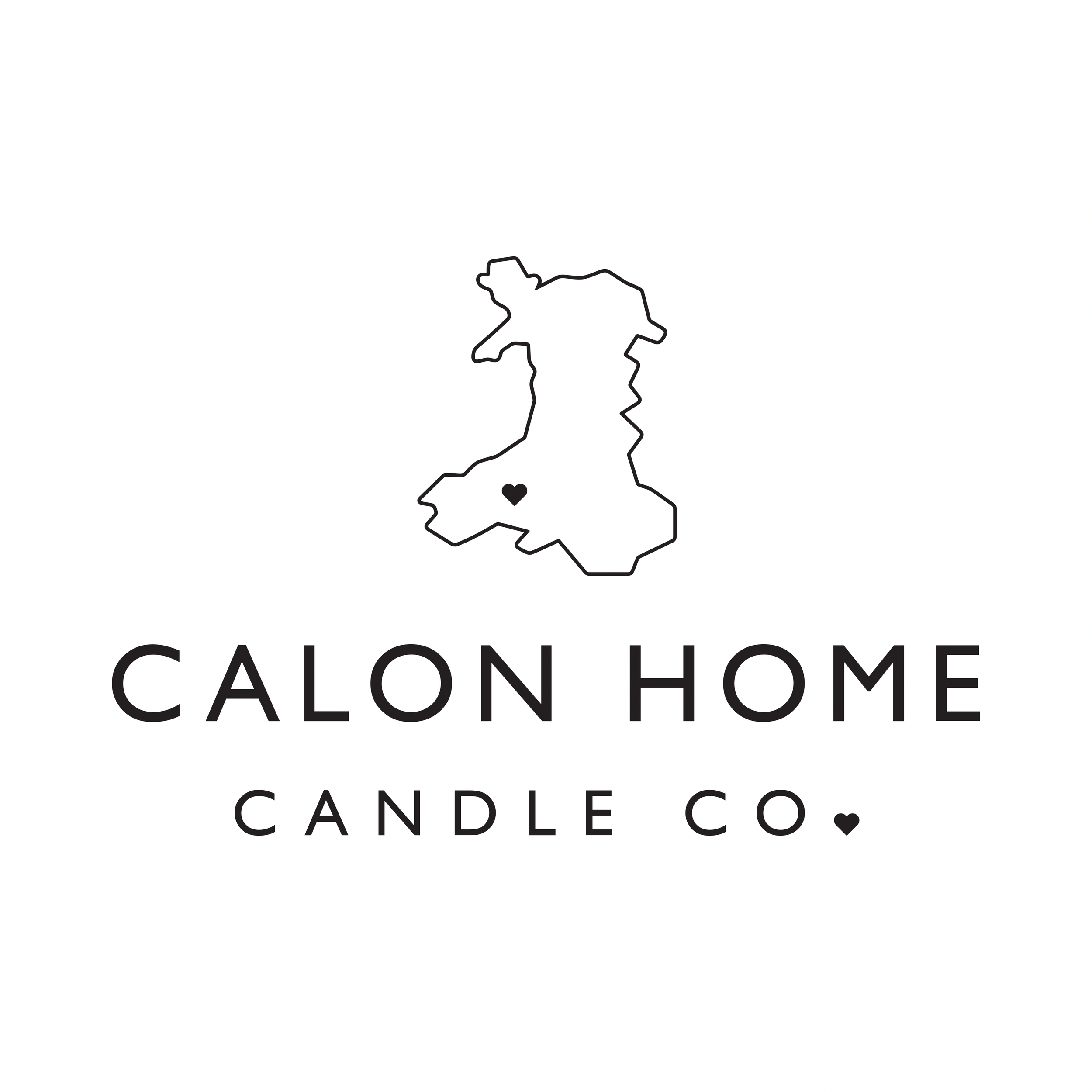 Logo with a map of Wales outline, a heart symbol, and the text 'Calon Home Candle Co'.
