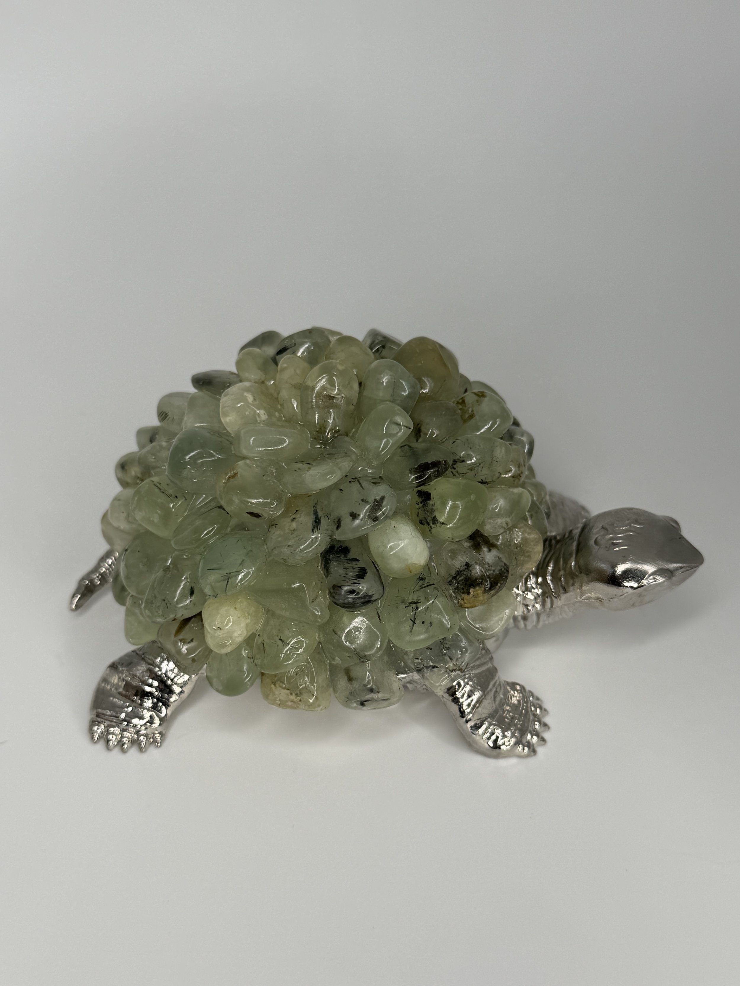 Prehnite with Black Tourmaline Crystal Turtle