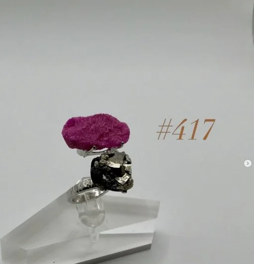 Pyrite & Pink Druzy Quartz Ring