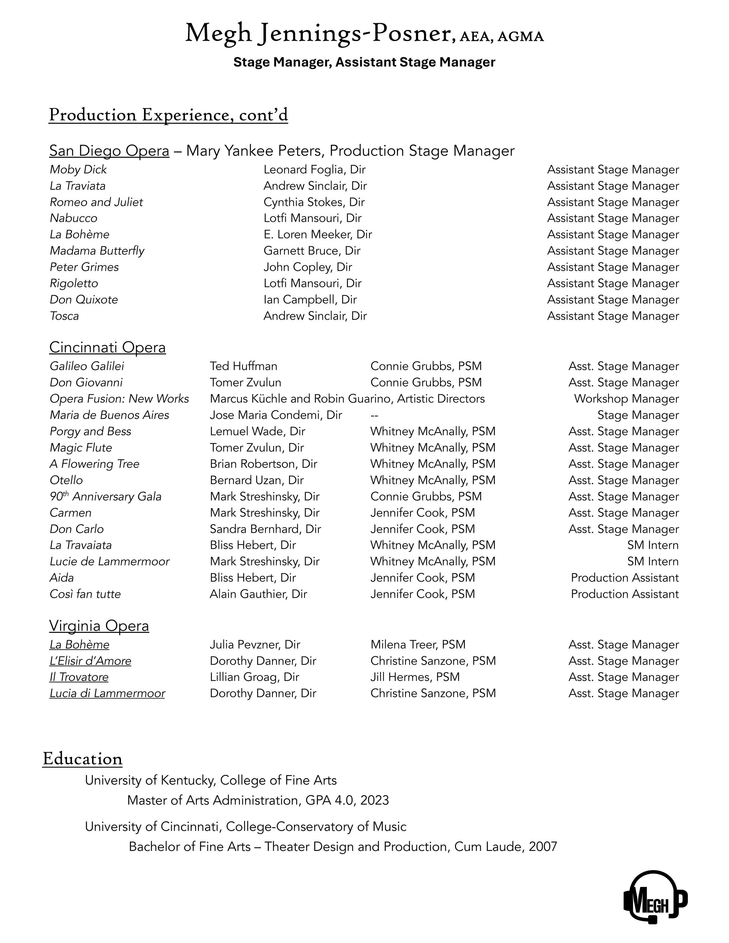 A resume page for Megh Jennings-Posner listing education and rehearsal experience with opera companies, and a logo of Megh P at the bottom right corner.